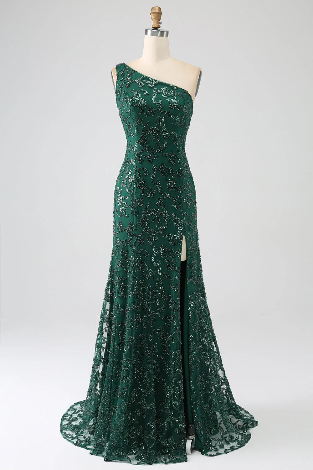 Vestido de fiesta largo de sirena con encaje y cuentas brillantes y abertura